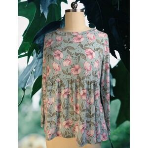 e.Luna Women 2XL Pink Floral Babydoll Top Sage Green Long Sleeve TUM3958X